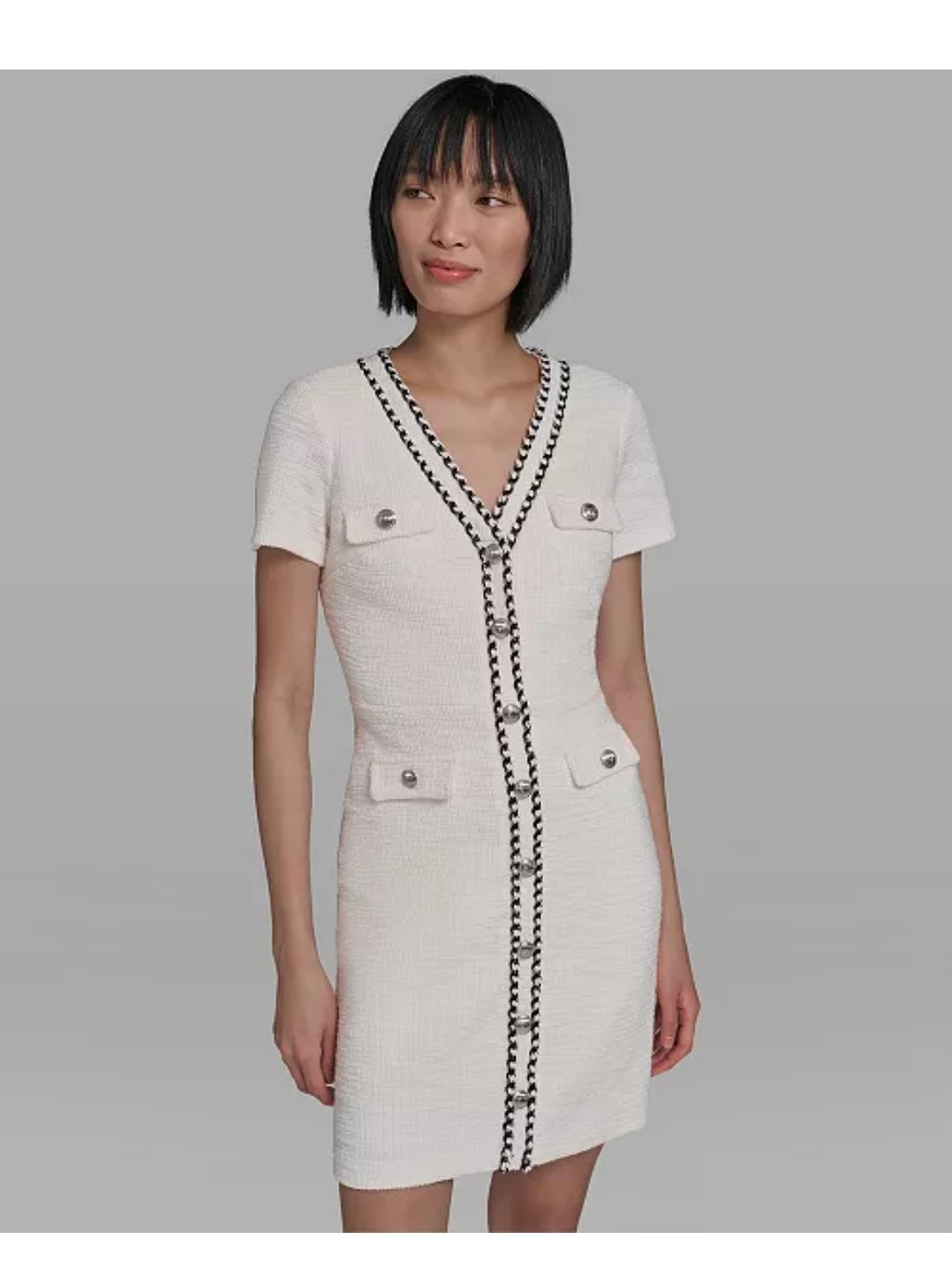 White Tweed Sheath V-Neck Short Sleeve Dress with Contrast Chain Trim